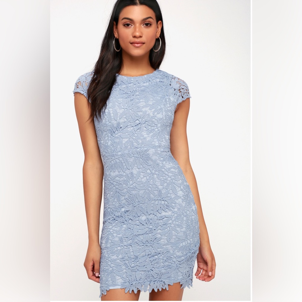 Lulus Right Sheer, Right Now Periwinkle Blue Lace Bodycon Dress
